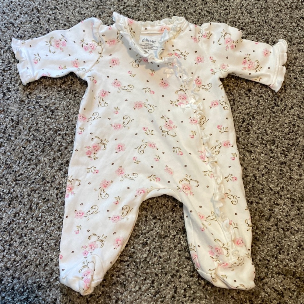 Little me newborn white and pink floral ruffled footie onesie